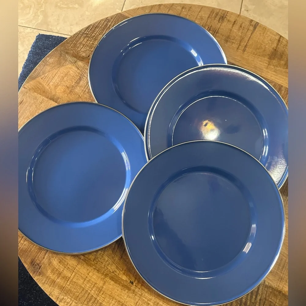 Crate & Barrel Blue Enamelware Silver Metal Trim10.5
